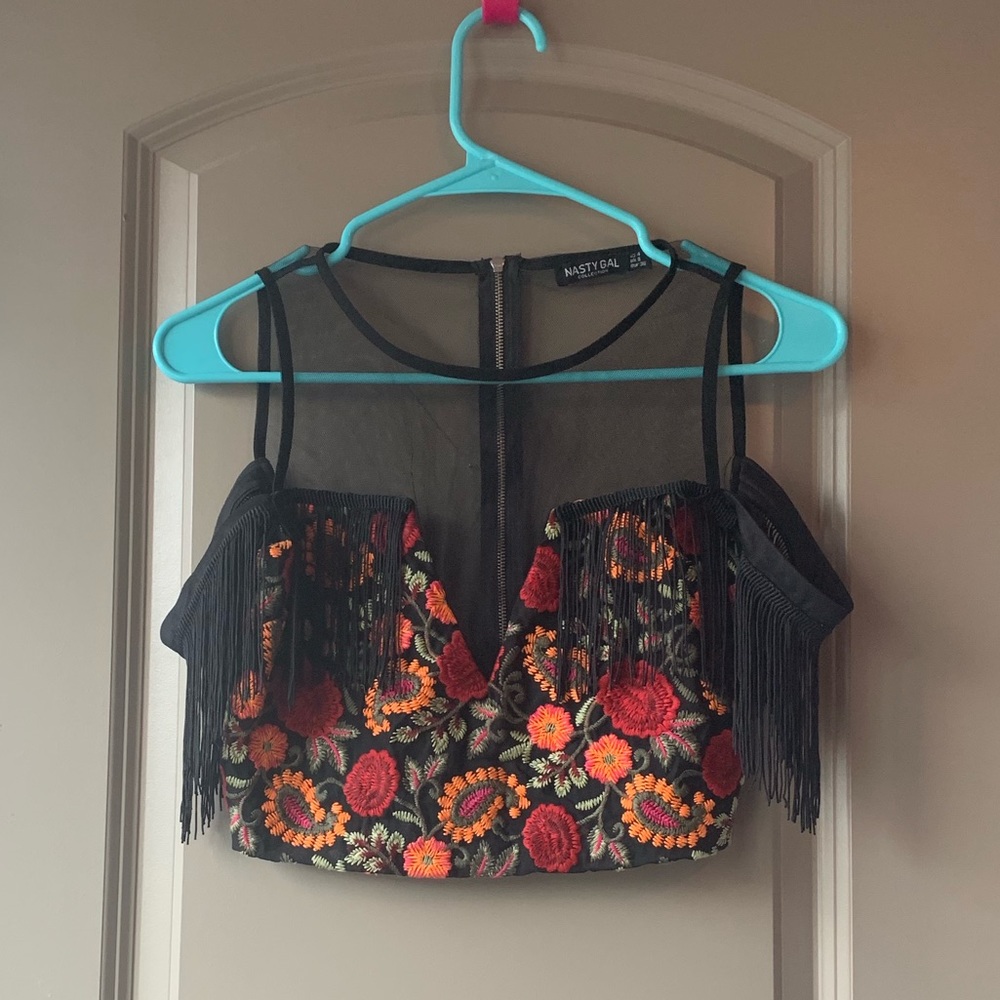 Nasty Gal Cropped Embroidered Fringe Crop Top